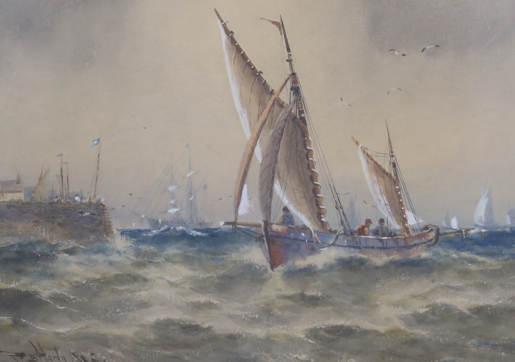 Thomas Bush Hardy (1842-1897), heightened watercolour, Ships at sea, signed and dated 1885, stencil verso, 21.5 x 29cm